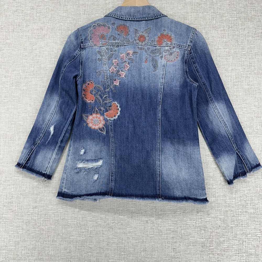 Jessica Simpson Jacket Womens Small Blue Embroidered 3/4 Sleeve Distressed Denim